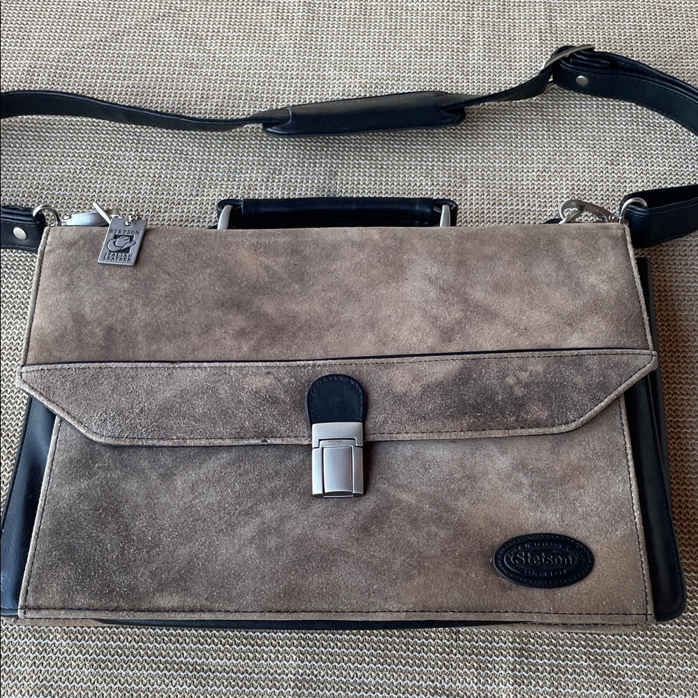 Stetson Taupe Brown Suede Men's Briefcase with Black Trim